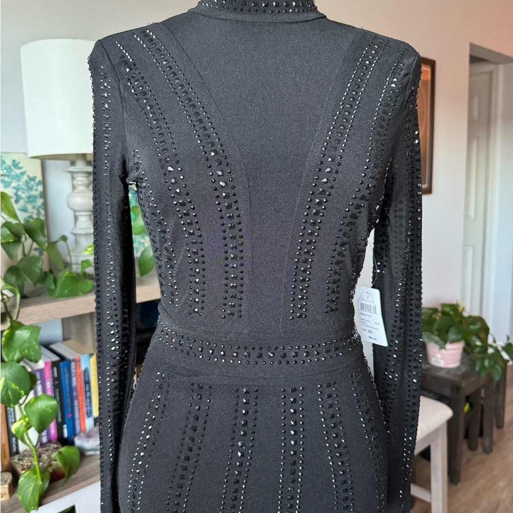 L/S Black Rhinestone Bodycon Dress - Picture 2 of 9